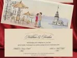 Invitatii nunta din carton plic cu miri decorat 8.5 cm x 21 cm