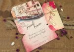 Invitatii nunta model floral rosu si un loc special destinat numelor 19.8 x 9.7 cm