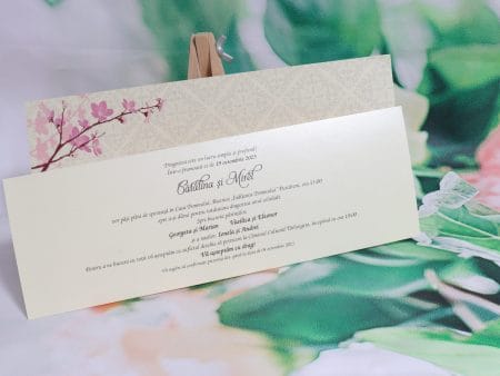 Invitatii nunta lucioase model floral 27.5 x 9.5 cm