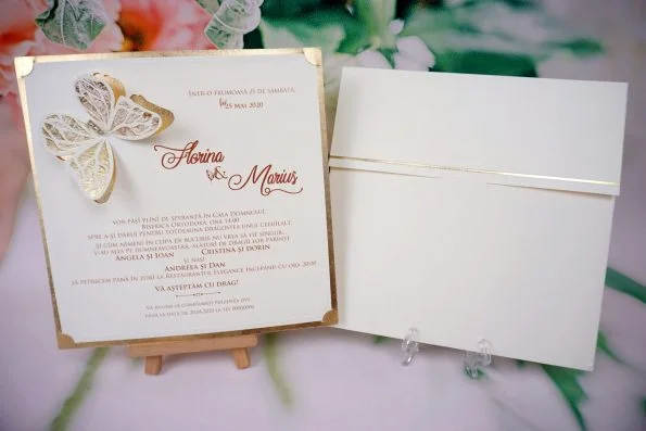 Invitatii nunta aurii fluturas pietricele plic sigiliu ceara 19.7 x 19.8 cm