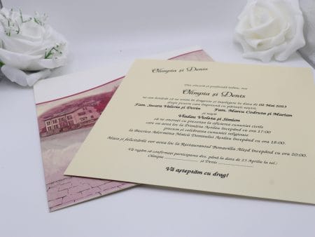 Invitatii nunta model  bicicleta lac si cladiri 16.5 x 16.7 cm