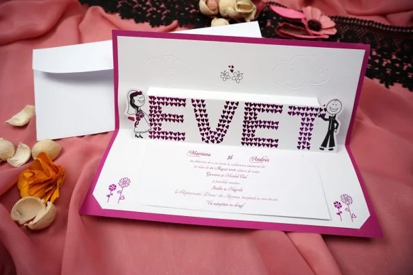 Invitatii de nunta din trei parti plic imprimare si limba 10 x 24.5 cm
