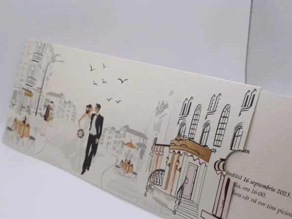 Invitatii nunta carton sidefat cu imprimeu miri 10 x 23.5 cm