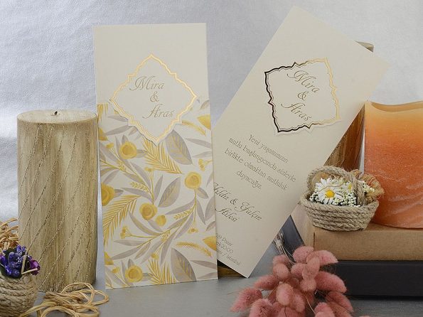 Invitatii nunta carton sidefat cu model frunze fara plic 22 x 10 cm