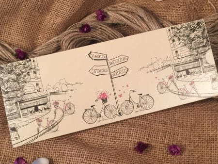 Invitatii nunta desen cu biciclete si cladiri 26.4 x 10 cm