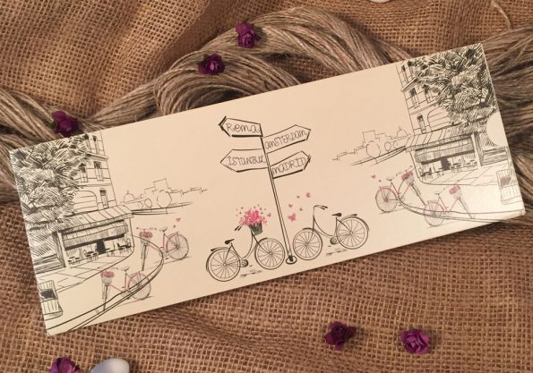 Invitatii nunta desen cu biciclete si cladiri 26.4 x 10 cm