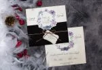 Invitatii nunta alb negre model floral lila 16.5 x 15.6 cm