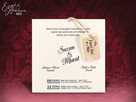 Invitatii nunta crem carton lucios cu striatii model cu flori 15.5 x 15.5 cm