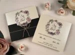 Invitatii nunta alb negre model floral lila 16.5 x 15.6 cm
