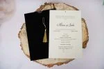 Invitatii nunta lux catifelate plic negru ciucuras aurgintiu 20.4 x 13.6 cm