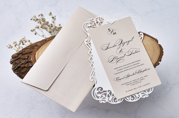 Invitatii nunta crem-gri carton sidefat relief sigilare ceara 14 x 23 cm
