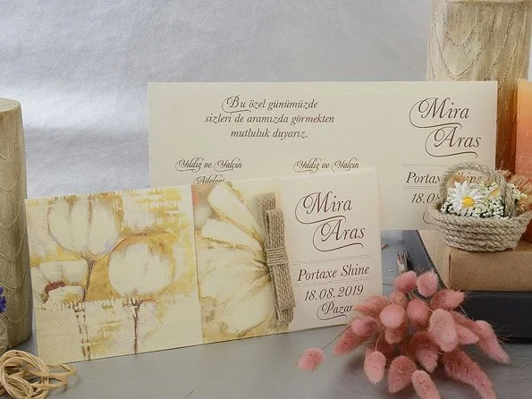 Invitatii nunta crem model rustic 9.5 x 22 cm