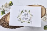 Invitatii nunta albe cu chenar auriu si frunze verzi 15.4 x 22 cm
