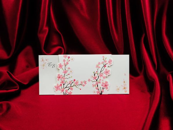 Invitatii nunta flori roz de cires 9 x 22 cm