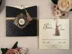 Invitatii nunta de lux crem negru lucios cu ciucuras matase 19 x 19 cm