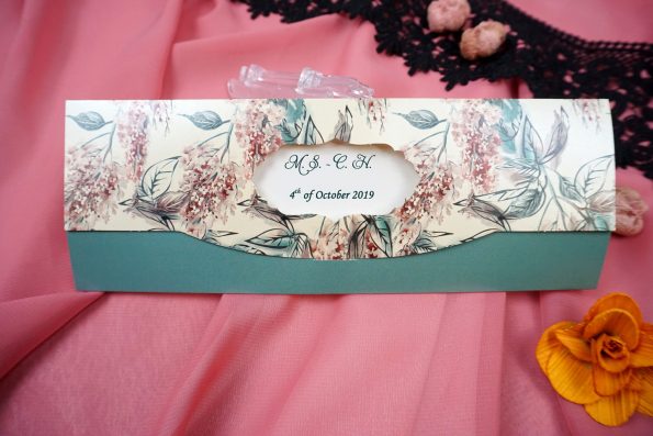 Invitatii nunta model floral crem verde 22 x 8 cm