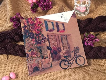 Invitatii nunta model cu flori baloane cladiri si bicicleta  16.6 x 16.6 cm