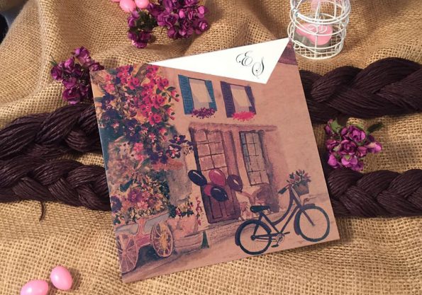 Invitatii nunta model cu flori baloane cladiri si bicicleta  16.6 x 16.6 cm