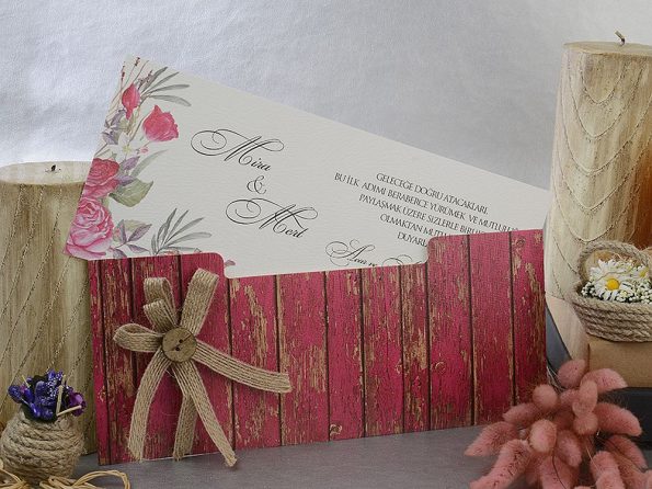 Invitatii nunta din carton mat decorate cu flori si carton exterior lucios fundita 25 x 10.5 cm