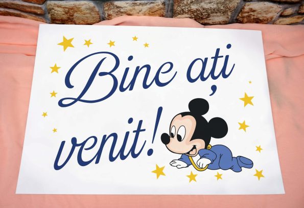 Placute Bine ati venit botez baieti stelute galbene si Mickey Mouse