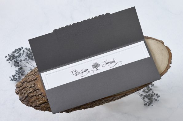 Invitatii nunta albe cu plic gri elegant 9.7 x 24 cm