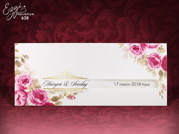 Invitatii nunta crem model floral si decupaj in centru 23 x 9.5 cm