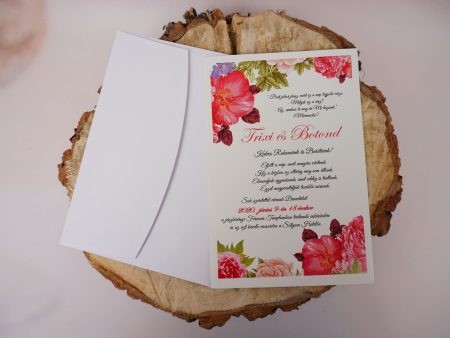 Invitatii de nunta lucioase flori rosii cu plic inclus 13.5 x 20 cm