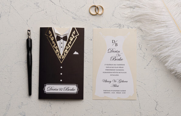 Invitatii nunta mire si mireasa printate pe un carton alb