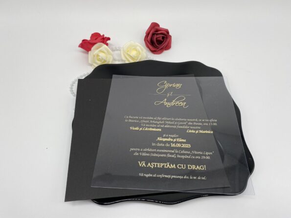 Invitatii nunta plexiglass cu personalizare uv si plic inclus negru