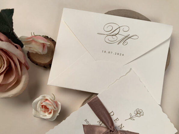 Invitatii nunta din carton gros ivorie cu panglica maro