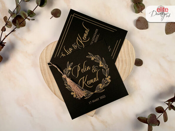 Invitatii nunta printata cu auriu neagra eleganta cu canaf