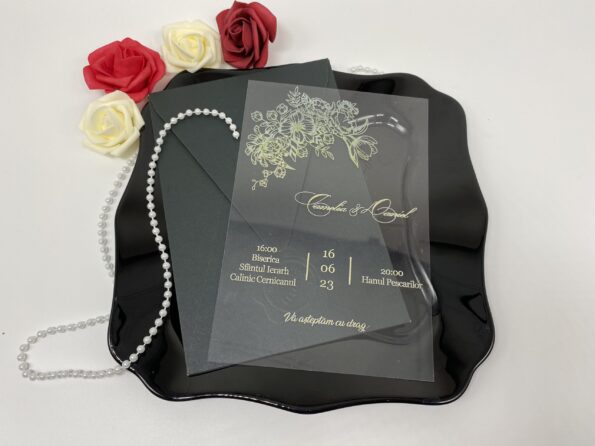 Invitatii nunta plexiglas cu plic inclus nuanta negru