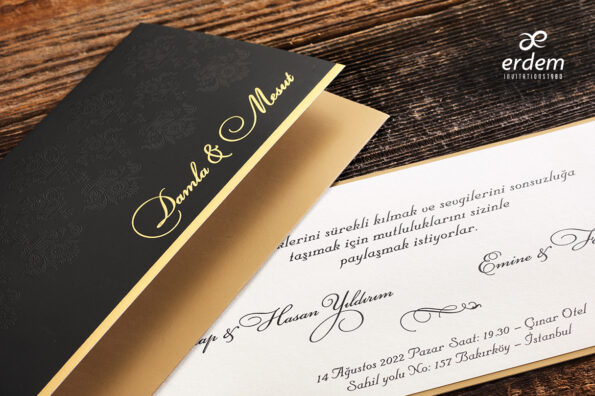 Invitatii nunta lux embosata nunata negru cu auriu