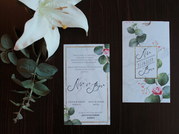 Invitatii nunta cu bujori si frunze de eucalipt personalizare inclusa