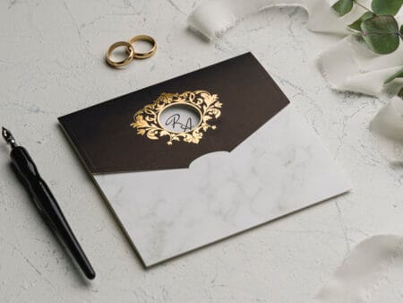 Invitatii nunta eleganta nunata negru cu auriu