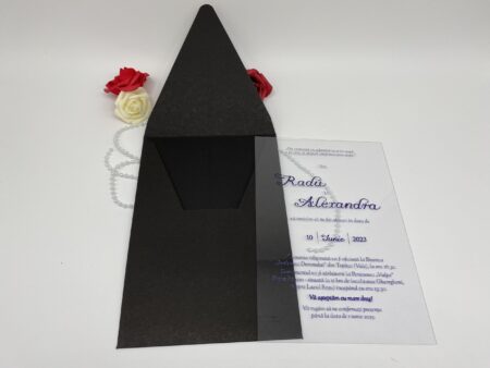 Invitatii nunta plexiglasss cu plic negru dreptunghiular