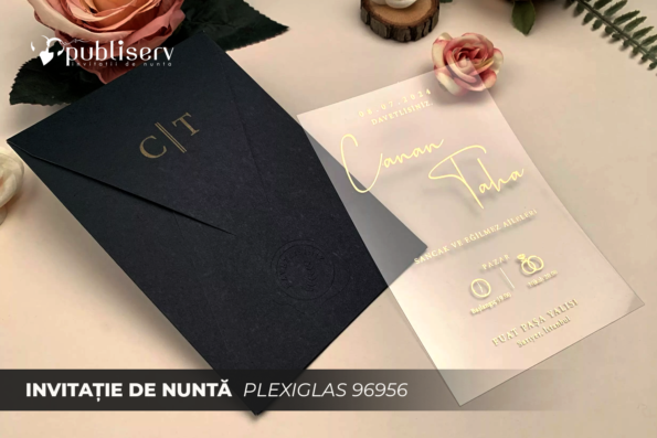 Invitatii nunta plexiglas cu plic inclus nuanta negru