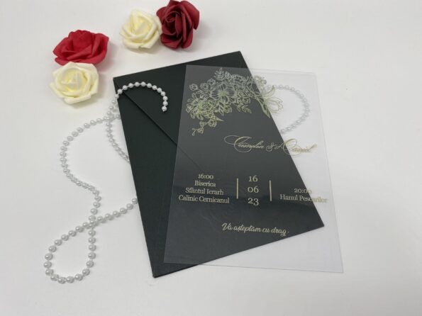 Invitatii nunta plexiglas cu plic inclus nuanta negru