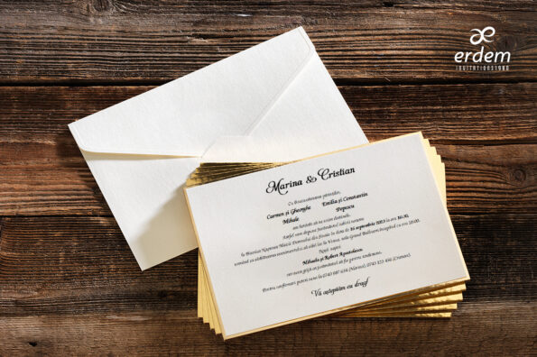 Invitatii nunta eleganta nuanta ivorie si auriu carton gros