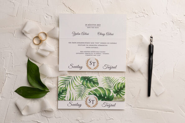 Invitatii nunta eleganta cu frunze printate pe carton alb