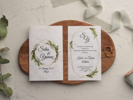 Invitatii nunta eleganta cu frunze si detalii aurii