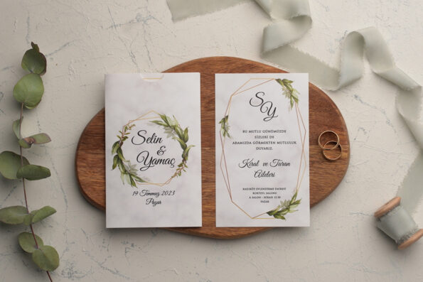 Invitatii nunta eleganta cu frunze si detalii aurii