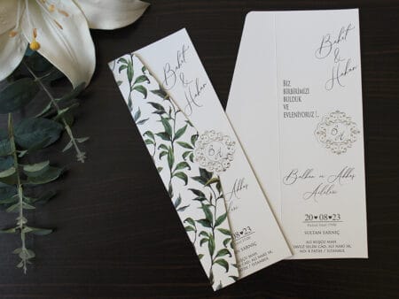 Invitatii nunta cu frunze de maslin nuanta crem si verde