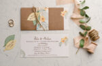 Invitatii nunta craft cu frunze printata pe carton crem