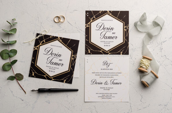 Invitatii nunta nunata negru cu auriu eleganta