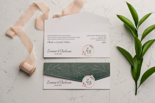Invitatii nunta verde printata pe carton gros alb lucios