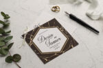Invitatii nunta nunata negru cu auriu eleganta