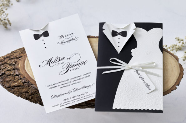 Invitatii nunta clasica cu mire si mireasa nuanta alb si negru