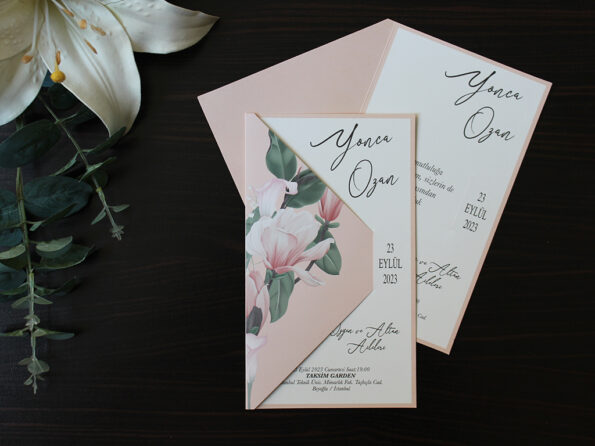 Invitatii nunta somon cu flori personalizare inclusa in pret