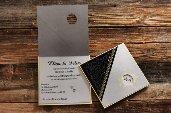 Invitatii nunta lux din carton gros nuanta negru si gri cu auriu